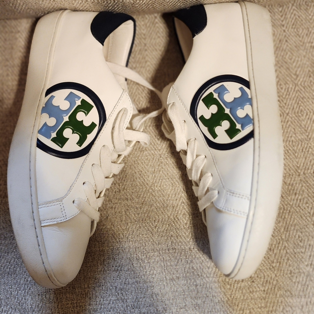 Tory Burch Tory Burch Leigh T Logo Sneakers Leather White Blue Green Shoes Women